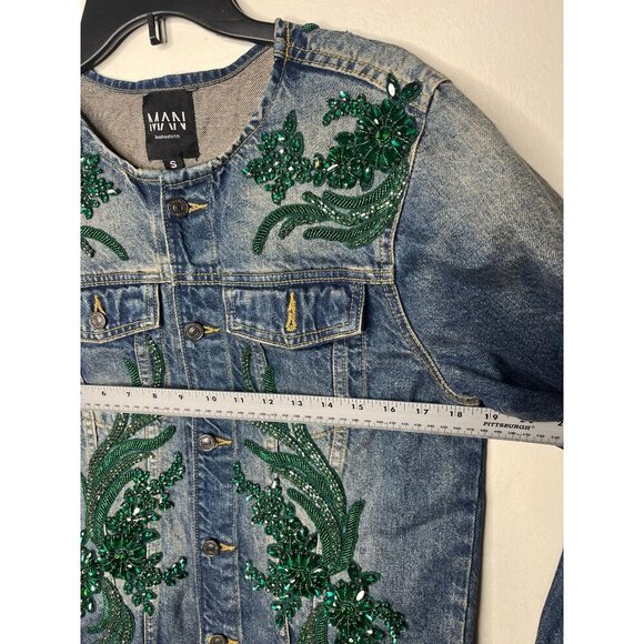 BoohooMAN Men's Embellished King Denim Jacket S Blue & Green Beaded Embroidery S - Picture 8 of 8